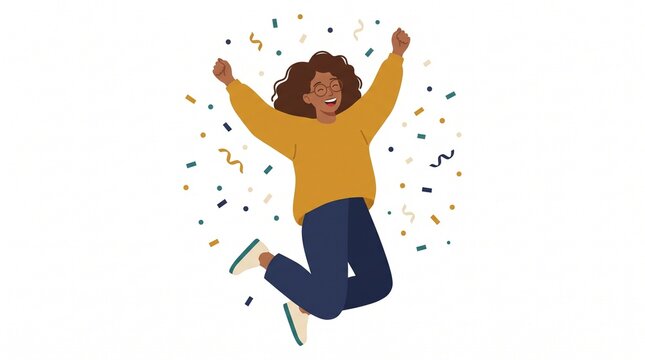 Happy woman jumping with confetti celebrating success