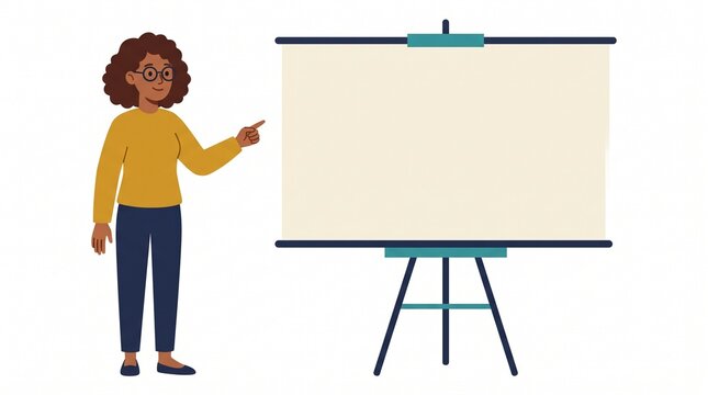 Woman pointing at empty presentation board for business training or educational concept