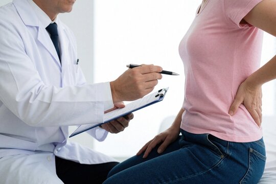 Male doctor examines woman with lower back pain in medical clinic. Physician holds pen, clipboard to discuss spine health. Patient feels discomfort in waist area during checkup. Pro healthcare