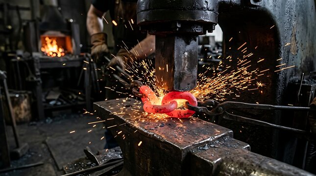 Intense Blacksmithing Moment with Heated Red Metal Object in Forge