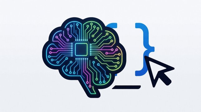 Minimalist icon shows digital brain with circuit lines next to curly braces, cursor. Concept represents artificial intelligence, machine learning, software coding. Developer tools use neural network