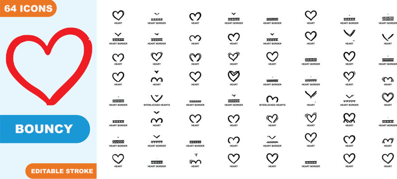 Extensive set of sixty four bouncy heart and heart border icons for romantic graphic design layouts isolated on transparent background as vector illustration