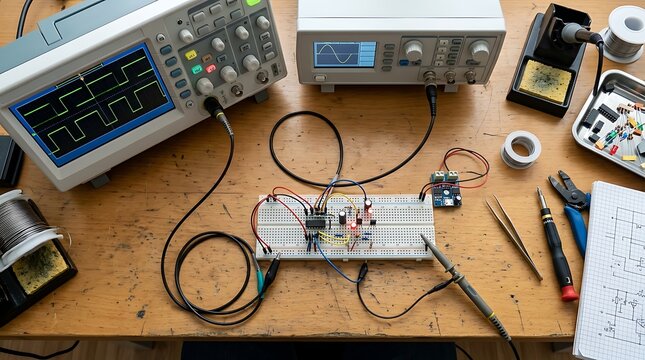 Modern Electronics Lab Setup with Oscilloscope Breadboard and Probes