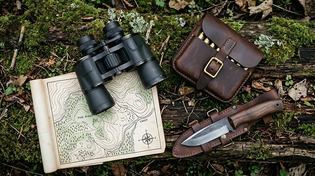 Outdoor Survival Gear Map Binoculars Leather Bag Knife