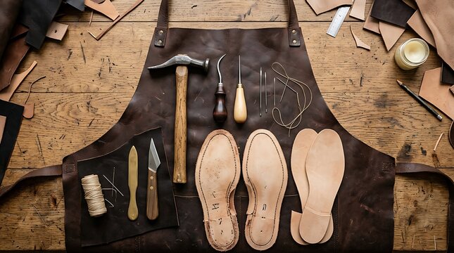 Professional Leather Workshop Scene Tools and Shoes on Workbench