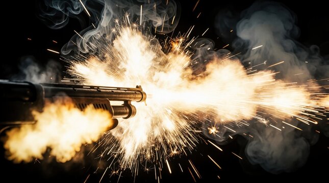 Shotgun fires with bright muzzle flash, hot sparks. Intense blast of fire, thick smoke comes from gun barrel. Rapid gunfire effect with orange flames, projectile energy in dark background. Weapon
