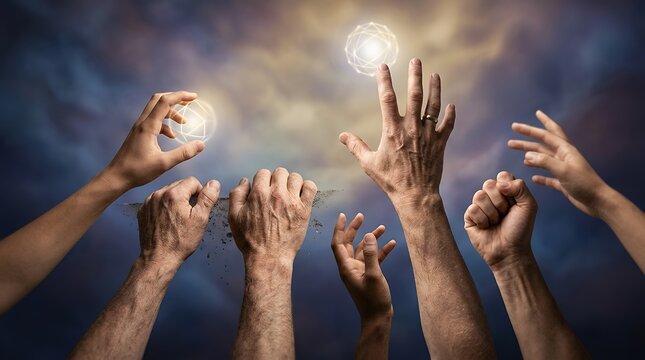 Concepthuman ambition effort and motivation illustrated by hands stretching upwards to reach achieve grab and hold goals in different dynamic positions representing personal growth and struggle