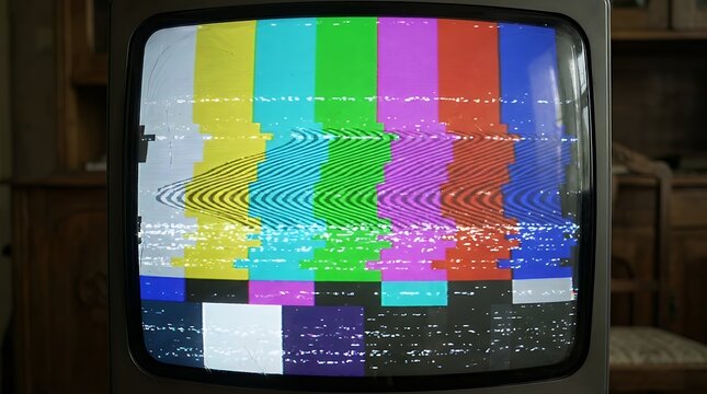 Retro vintage television color test screen pattern with vertical stripes and glitch static distortion texture symbolizing broadcast error offline screen technical breakdown and signal failure test