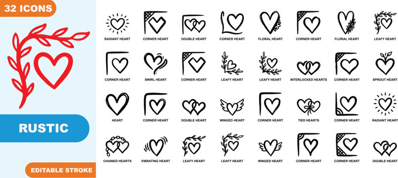 Set of thirty two rustic corner heart vector icons featuring various floral and decorative heart designs with editable strokes isolated on white background for layout framing