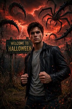 Man standing by Welcome to Halloween sign in dark stormy forest