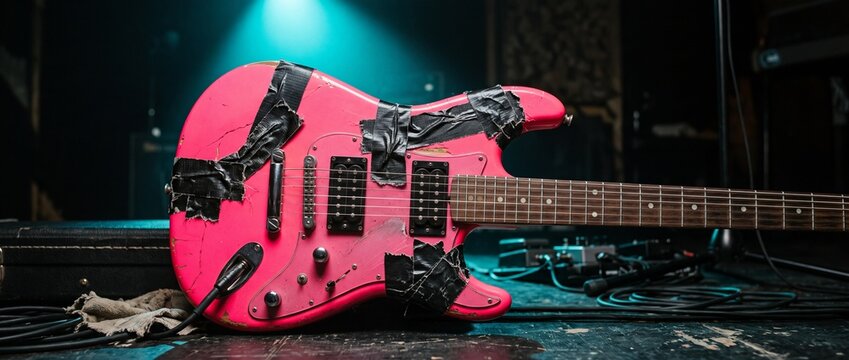 A close up of a vibrant neon pink electric guitar with black gaffer tape patches and a worn vintage look, placed on a dark stage floor with dramatic spotlighting in a music studio or concert venue.