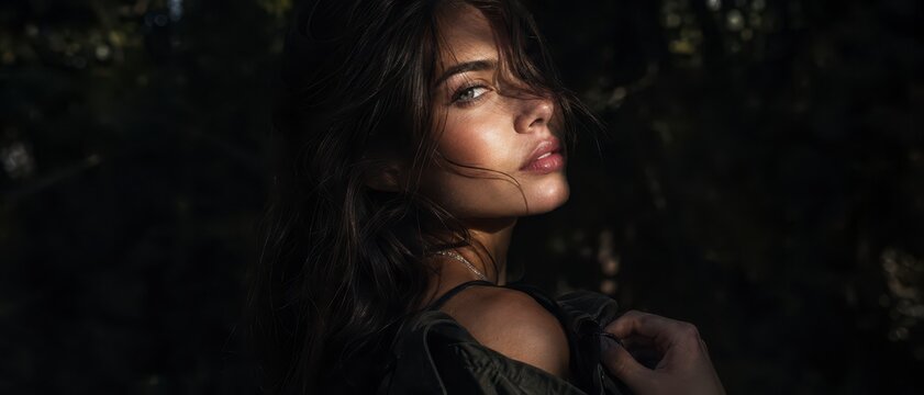 Young woman portrait with natural sunlight in dark forest