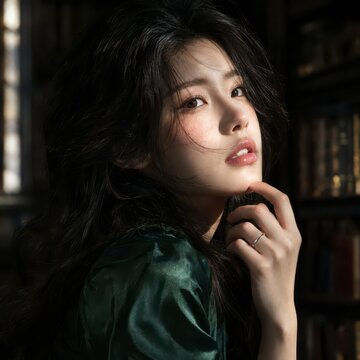 Young Asian woman portrait with dark hair in library setting