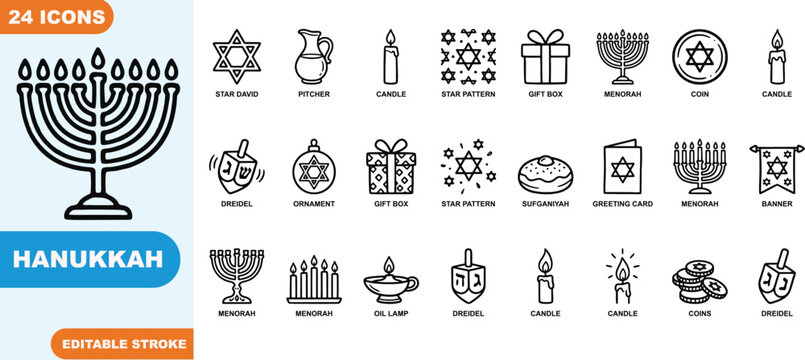 Professional set of twenty four Hanukkah themed vector line art icons including menorah dreidel and traditional holiday symbols for festive celebration graphic designs isolated on white