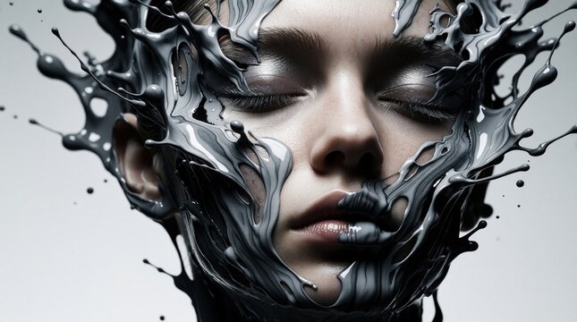 Close up portrait of young woman face melting into grey liquid paint. Surreal fashion concept shows female model dissolving in molten silver substance. Artistic beauty shot features liquid texture