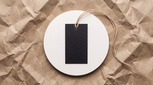 Minimalist black price tag on a white circular base over textured brown paper.