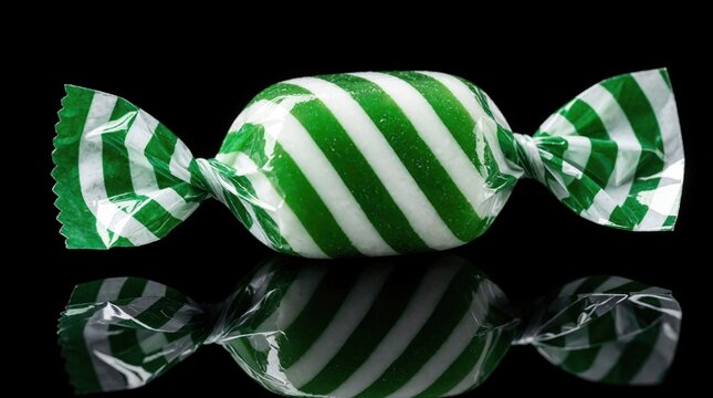 Green, white striped peppermint candy in wrapper on black background. Hard mint sweet treat with reflection on dark surface. Traditional candy cane flavor confectionery item for holiday dessert