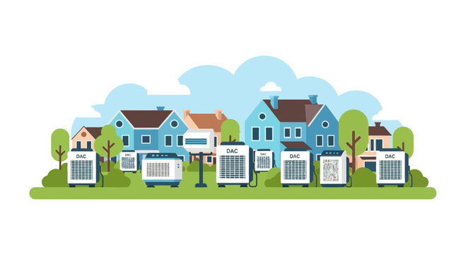 Direct Air Capture DAC Technology in Residential Neighborhood Flat Vector Illustration