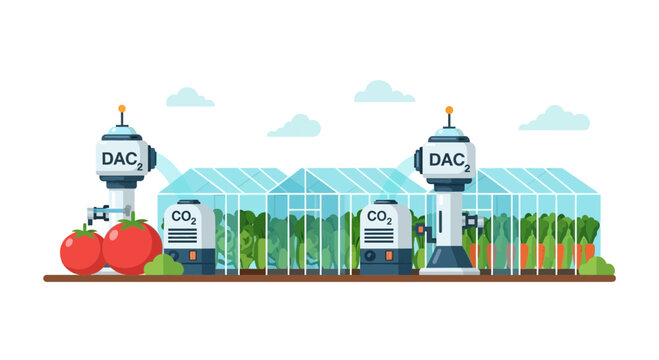 Direct Air Capture DAC Technology for Sustainable Greenhouse Farming and CO2 Plant Growth Illustration