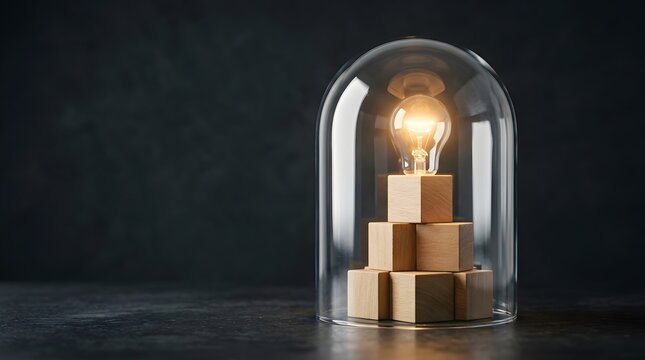 Glowing light bulb on wooden block stack inside glass dome cloche on dark background, conceptualizing creative idea protection, intellectual property, innovation and safety security concepts.