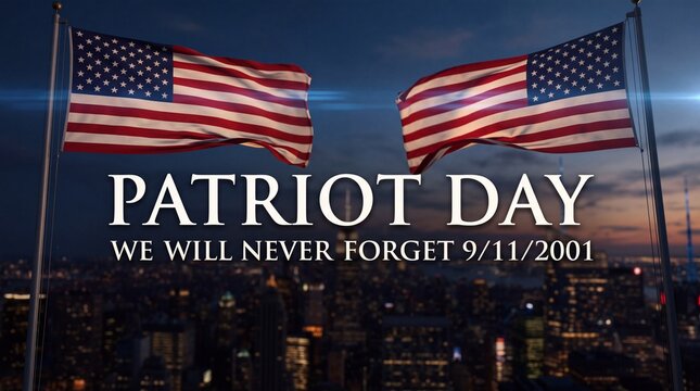 Patriot Day commemorative graphic featuring American flags over a dark city skyline background.