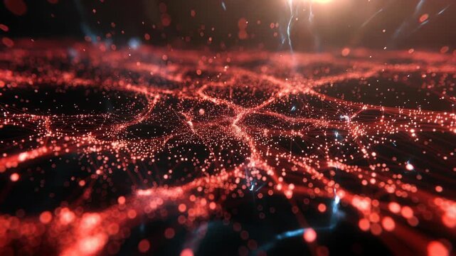 Red glowing network lines and particles form a luminous abstract landscape on a dark background, symbolizing connectivity