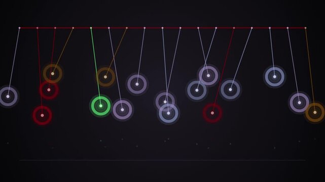Colorful abstract pendulums swing in a seamless looping motion against a dark background.