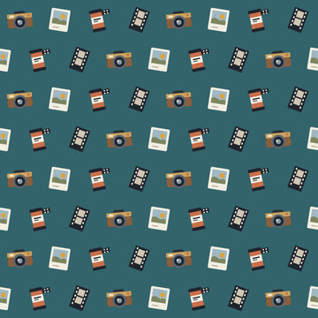 Vintage film cameras and instant photos seamless pattern