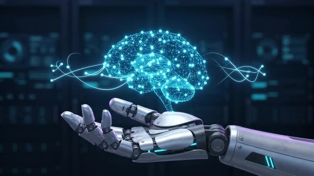 Cinematic Stock Video Footage of Robotic Hand Holding Holographic AI Brain in Server Room