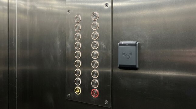 Elevator panel with key card reader beside buttons, restricted floor access and building security