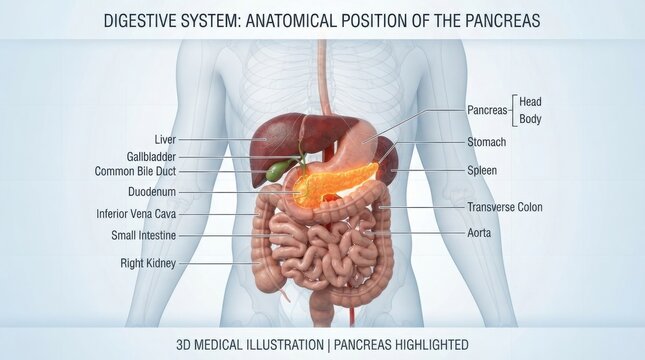 Anatomical diagram of the human pancreas and digestive system illustration