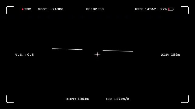 Fpv Drone Viewfinder Hud Telemetry Display Overlay Showing Digital Flight Data and Navigation Screen Indicators