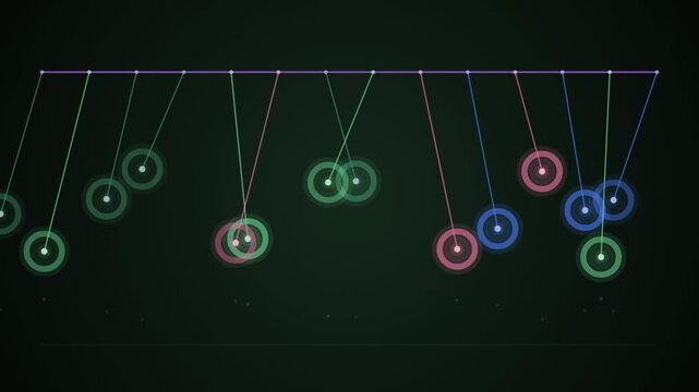 Colorful neon pendulums swing in a rhythmic looping motion against a dark background.