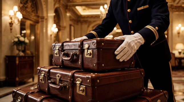 Pro bellboy in uniform, white gloves arranges vintage leather suitcases in luxury hotel lobby. Porter handles brown antique luggage stack near ornate golden interior. High end hospitality service for