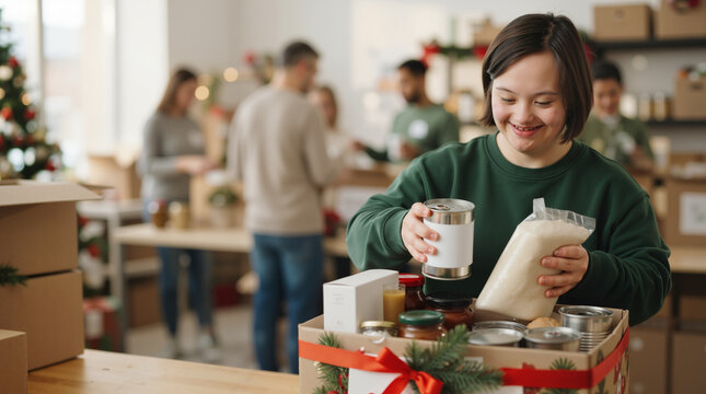 Smiling young woman with Down syndrome packing a food donation box. Volunteer helping at a community charity event. Christmas holiday giving and inclusion concept