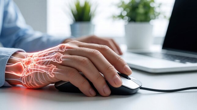 Close up of hand using computer mouse at office desk. Red glowing bones show carpal tunnel syndrome, wrist pain. Person suffers from repetitive strain injury working on laptop. Ergonomic health issue