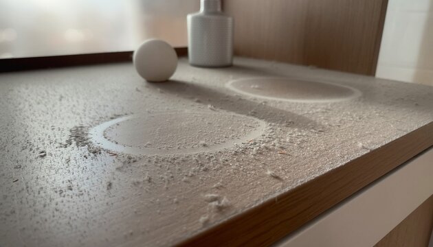 Accumulated dust on a wooden cabinet surface behind two simple unbranded decorative objects.