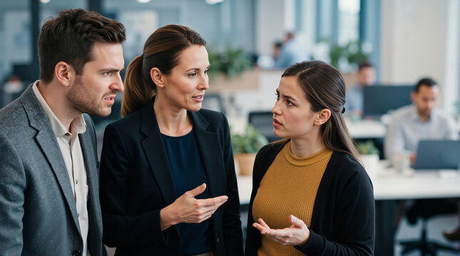 Serious business professionals having a discussion in a modern office. Corporate colleagues engaged in a workplace conflict and problem solving