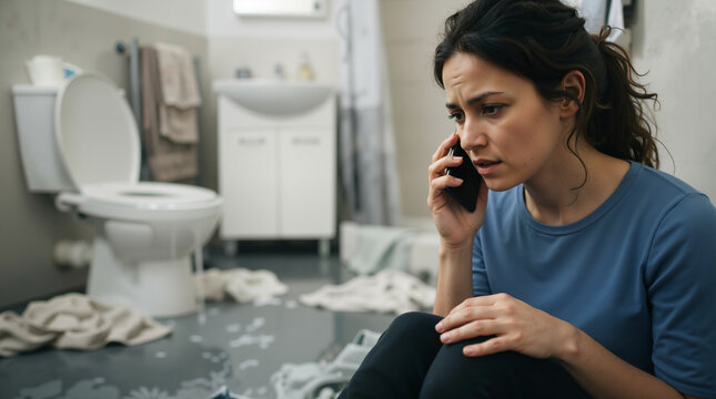 Worried woman calling a plumber on her smartphone. Flooded bathroom with overflowing toilet and water leak on the floor. Home maintenance emergency concept