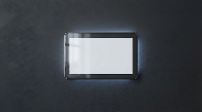 Modern digital tablet mounted on a dark textured wall with glowing backlight.