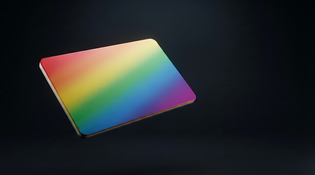 A sleek rectangular card with a vibrant rainbow gradient floating against a dark background.