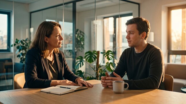 Two business colleagues having a supportive one-on-one conversation at a table in a modern office