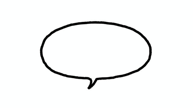 Hand drawn speech bubble animation on white background, black outline oval dialogue balloon, wobbly line boil effect with copy space