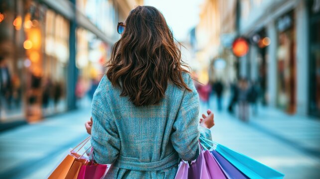 Modern happy Female lifestyle fashion portrait. beautiful attractive young woman girl enjoy stylish walk with shopping bag packages and use smartphone , trendy outfit on shopping mall, browse product