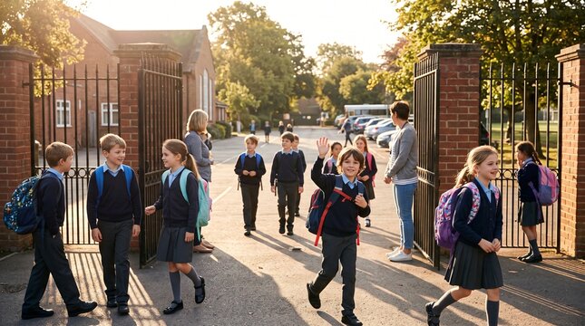 Group of elementary schoolchildren in uniforms arriving at school gate in the morning sunlight
