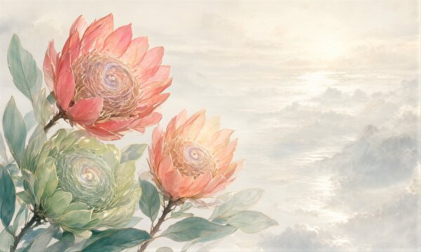 Soft pink and green proteas bloom beside misty, serene ocean waves.
