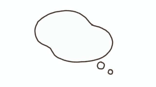 Hand drawn thought bubble animation on white background, cloud shaped thinking balloon with small circles, dark brown outline, copy space
