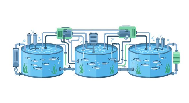 Modern recirculating aquaculture system with three fish tanks and filtration piping for sustainable fish farming.