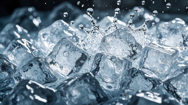 Close up of ice cubes in cold water with splash. Frozen ice blocks glisten under light. Refreshing ice bath setup for cold therapy, wellness. Water droplets jump during movement in chilled liquid for