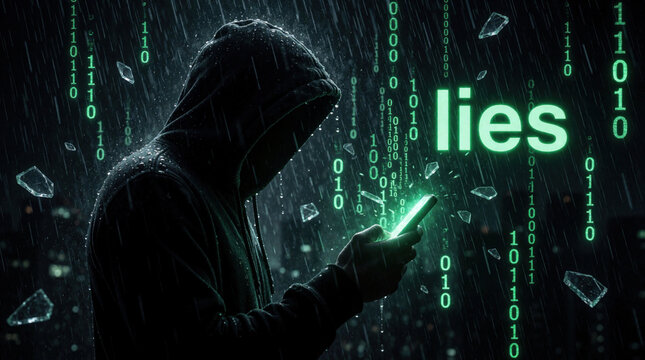 Hooded hacker silhouette uses smartphone in dark rain. Digital matrix code background with green binary data flows. Large glowing word lies appears in cyberspace. Cyber crime concept shows online